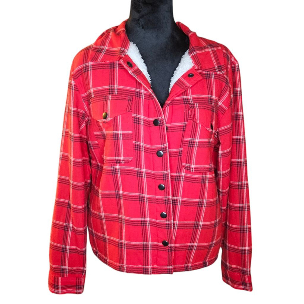 Lucky Brand Small Red Plaid Faux Fur Lined Button Down Jacket - Picture 2 of 6